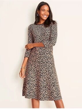 NWT Ann Taylor Black Tan Cheetah Print Fit and Flare Sweater Dress Women’s SP